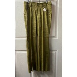 CAbi Linen Dress Pants Womens 6 Olive Green Button Accent Flare Office NWT #5314